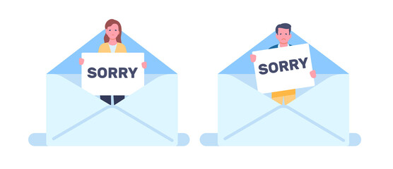 Letters in which sad woman and man hold up sign with word sorry. People apologizing. Apology lettering. Persons asking for forgiveness. Regret mistakes. Paper envelope. png concept