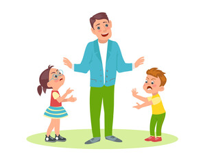 Father mediates between two angry quarreling children. Parent stops conflict. Kids arguing and shouting. Yelling son and daughter. Brother and sister dispute. Bad behavior. png concept