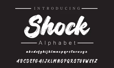 Fotobehang Shock Lettering font isolated on black background. Texture alphabet in street art and graffiti style. Grunge and dirty effect.  Vector brush letters. © Najeeb