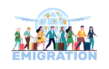 Emigration, relocation of people, men and women with luggage standing in line waiting to fly to another country. Leaving home. Global migration cartoon flat style isolated png concept