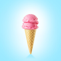 Two pink strawberry ice cream scoops served on a waffle cone on blue background.