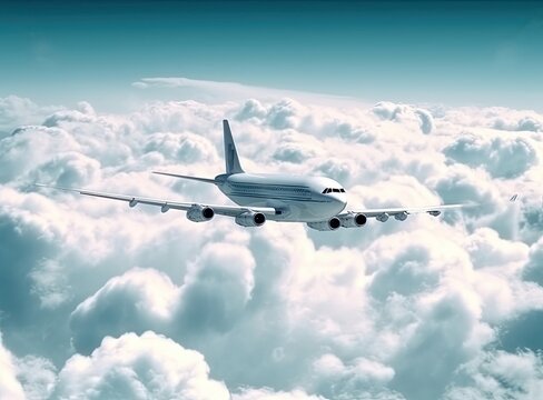 White plane in the sky, white clouds. Created with Generative AI technology.