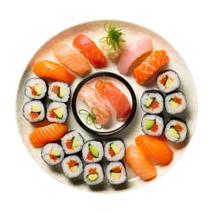 Fotobehang Plate of Sushi isolated on transparent background Remove png created with Generative AI, Clipping Path © Vector Nazmul