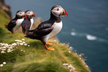 Fototapeta na wymiar a pair of puffins sitting on a cliff together, great saltee island, ireland, europe