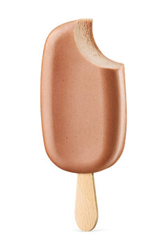 Bitten chocolate ice cream popsicle isolated. Transparent PNG image.