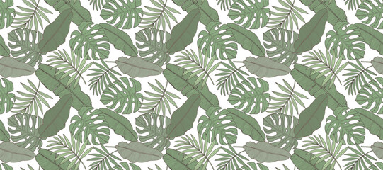 Fototapeta premium Tropical seamless pattern with green monstera and palm leaves, banana leaves. Pattern for wallpapers, backgrounds, textiles, covers, item designs