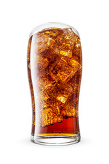 Glass of cola with ice cubes isolated. Wide angle lens. Transparent PNG image.