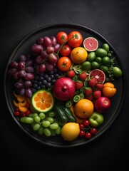 Fototapeta na wymiar Colorful plate of fresh fruit and vegetables. Big black plate of healthy food on a black backdrop. Top view. Generative AI.