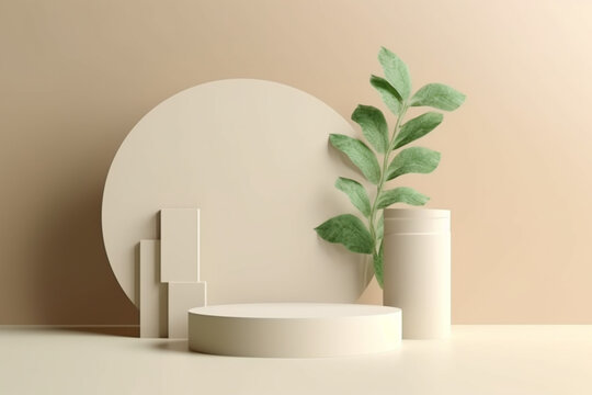 Abstract 3d background realistic cream beige cylinder pedestal podium with green leaf and partition