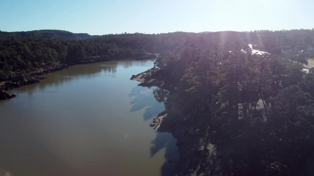Panning drone shot of Lake Arareco, Chihuahua