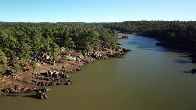 Reverse drone shot of Lake Arareco, Chihuahua
