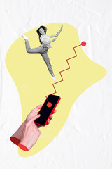 Funny woman worker collage of jumping click screen button growing graphic results trading whitebit...