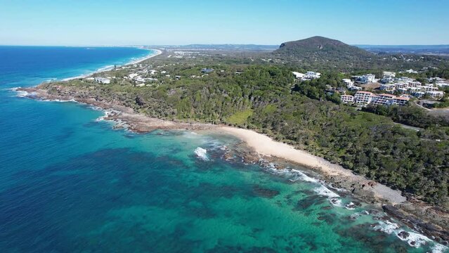 Flying Above The Bays Of Coolum On Sunshine Coast In Queensland, Australia. aerial pullback