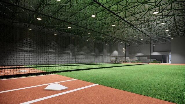 3d rendering indoor baseball pitch court field 