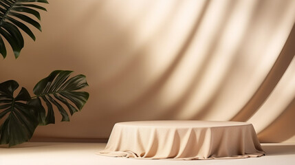 Beige background with tropical leaves shadow. Summer product display. Generative Ai.
