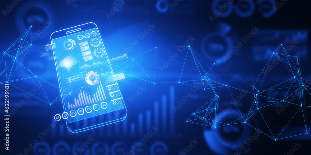 Wall mural close up of digital blue smartphone with business chart on dark polygonal background. analytics, fin