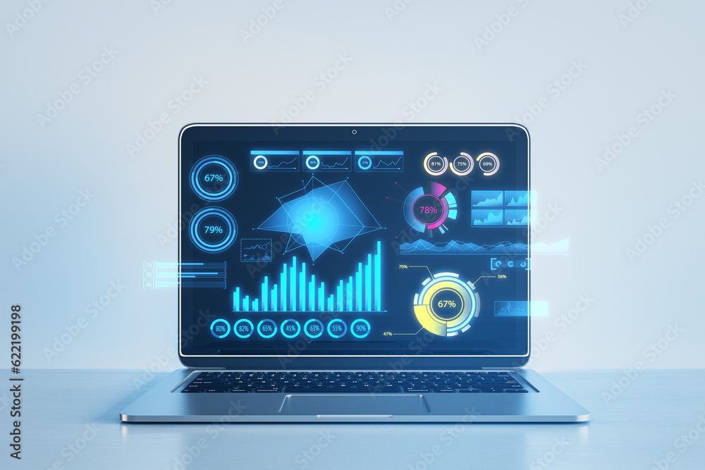 Poster close up of laptop with business chart at light blue office workpace. analytics, financial report an