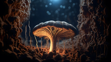Mushroom with light beam . Created by generative AI .