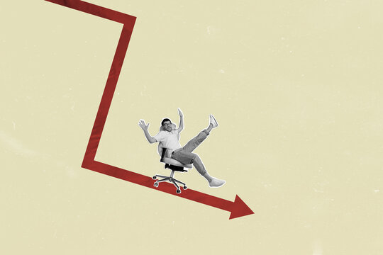 Creative trend collage of excited business worker employee arrow point way direction have fun ride armchair freelancer career success