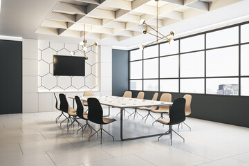 Perspective view of modern meeting room with tile floor and window with city view on background. 3D Rendering