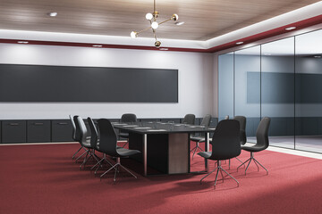 Modern glass meeting or conference room interior with furniture, red carpet and blank wide black mock up frame on wall. 3D Rendering.