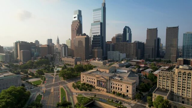 Philadelphia rising skyline drone long shot summer sunny golden hour morning