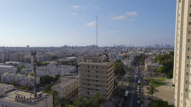 Drone view towards the old city hall of Holon, Israel