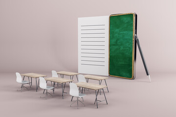 Creative online classroom interior with chairs, desks, and abstract chalkboard notepad smartphone on light background. Online education and webinar concept. 3D Rendering.