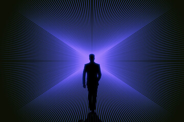 Conceptual image of businessman silhouette on bright blue lines background. Success, metaverse and direction concept.