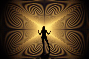Conceptual image of businesswoman silhouette on bright lines background. Success, metaverse and...