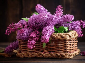 Fototapeta premium Freshly cut flowers of lilac. Lilac from the garden in wicker basket. Created with Generative AI technology.