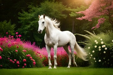 Obraz na płótnie Canvas a beautiful white horse in the field of flowers generated AI