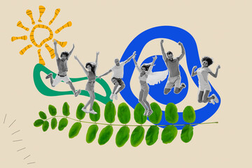 Collage of funky friends summertime spending together have fun sketch picture crazy vacation sunny weather isolated on beige background