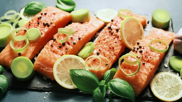 Fresh raw salmon fish fillet in cooking process. Seafood. Video 4k