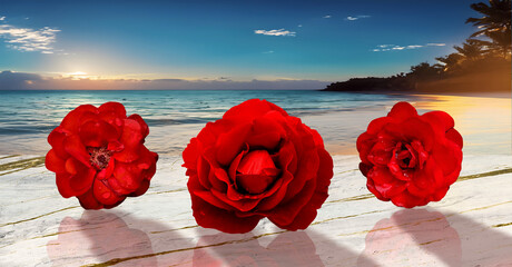 Three red roses on white and gold marble table on a sunset tropical beach