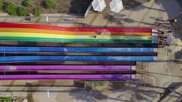Close-up of colorful slides for all ages at Yamit 2000 Water Park - top down view