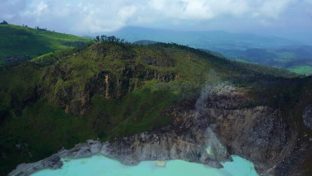 White Crater Or Kawah Putih Sulfur Lake In West Java, Indonesia - aerial shot