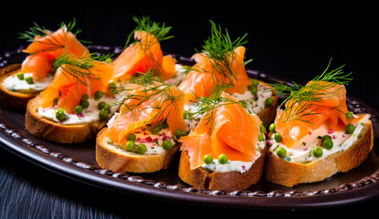 Delicious canapés topped with cheese and smoked salmon. Dish of delicious crostini with smoked salmon, courgette and cheese, Italian appetizers.
