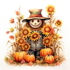 cheerful cute scarecrow surounded by sunflowers and pumpkins - illustration created using generative AI tools