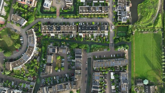 Eco friendly housing project in Amsterdam by canals, bird&rsquo;s eye view