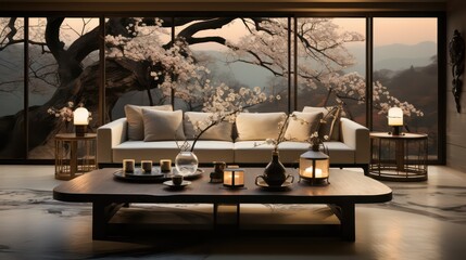 Fototapeta premium Create a Serene and Authentic Atmosphere with Traditional Japanese Elements like Shoji Screens, Tatami Mats, and Bonsai Trees