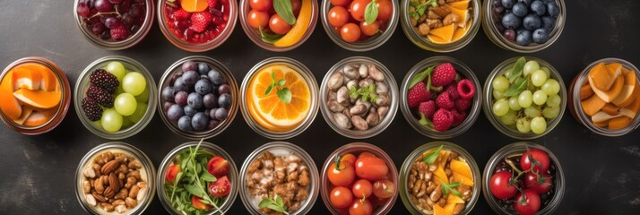 Healthy food in glass lunch boxes .portioned dishes in glass containers.top view.Generative AI 