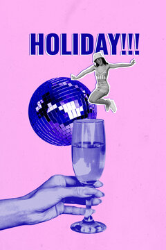 Collage 3d image of pinup pop retro sketch of excited happy young female have fun jump disco ball big hand hold champagne glass celebration