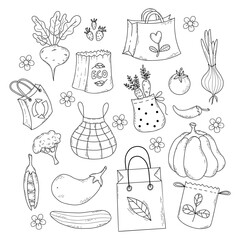 Eco bags and seasonal vegetables and berries. Collection paper grocery bags, eco friendly, mesh and package. Vector illustration. Isolated hand drawn doodle
