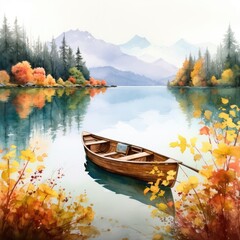wooden boat floating on a lake in autumn - watercolor landscape created using generative AI tools