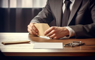 Close up young businessman entrepreneur in formal wear opening envelope with paperwork correspondence, male manager employee unpacking banking notification, Created with Generative AI technology.
