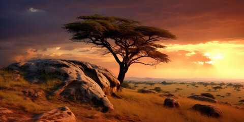 Fototapeta na wymiar View of the African savannah at sunset