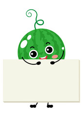 Funny watermelon mascot holding a blank signboard
