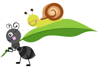 Cute ant carrying a green leaf with little snail