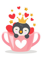 Cute prince penguin inside love cup with hearts and stars